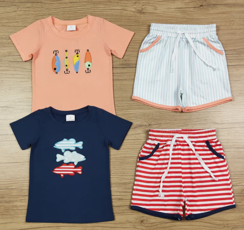 Wholesale Boys Outfits Toddler Short Sleeves Embroidery Fish Shirts Children Kids Sets Baby Boy Stripes Pockets Shorts Clothes