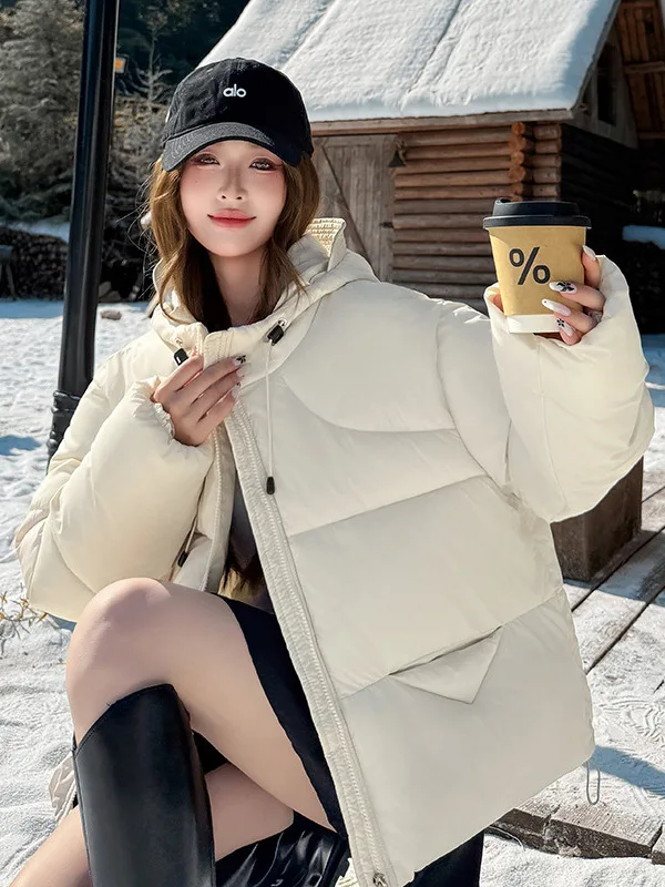 

Korean Sle Thiened down Cotton Jaet Women's Winter Coat Bread Sle Hat Hooded Padded Coat Long Sve Zipper Closure