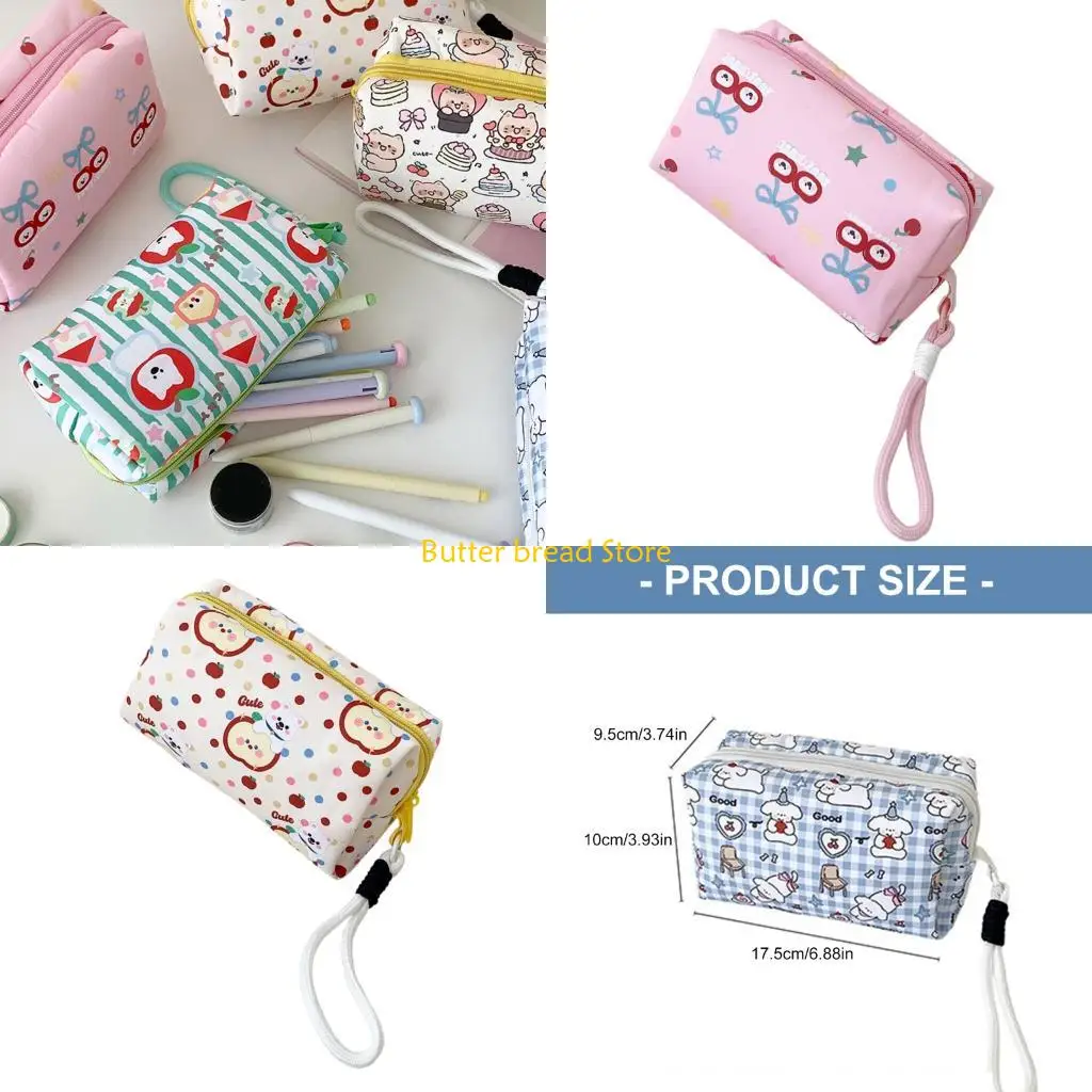 W89C Cartoon Pencil Case High Capacity Canvas Pencil Pouches Zippered Closure Makeup Storage Bag For School Office Travel
