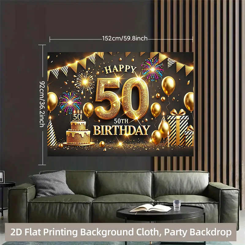 50th Birthday Tapestry, Golden Black Balloons and Confetti Design,Milestone Celebration Wall Art for Photo Booth and Party Decor