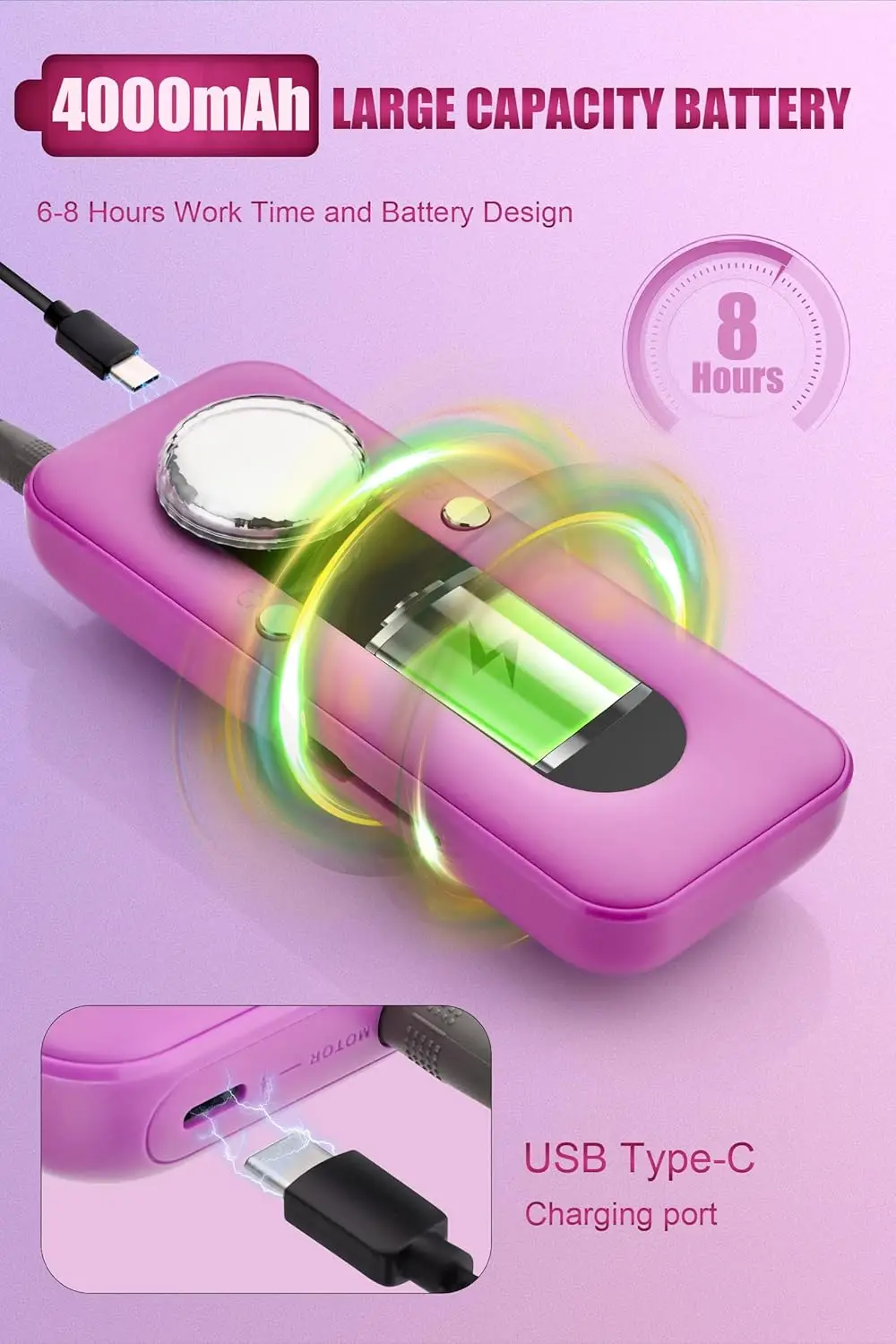 Profesjonalna bezprzewodowa elektryczna frezarka do paznokci, 45000 obr./min do paznokci żelowych akrylowych z 11-elementowym zestawem, różowa