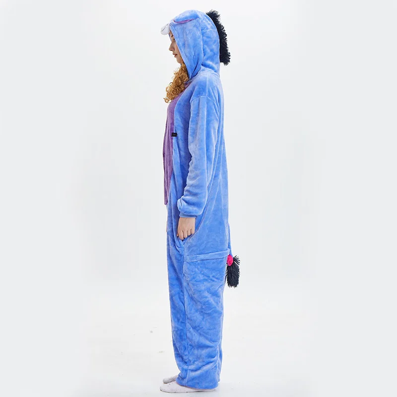 Blue Esel Nachtwäsche Nachthemden Kapuze Overall Pyjama Kigurumi für Erwachsene Homewear Flanell Anime Cartoon übergroße Cosplay