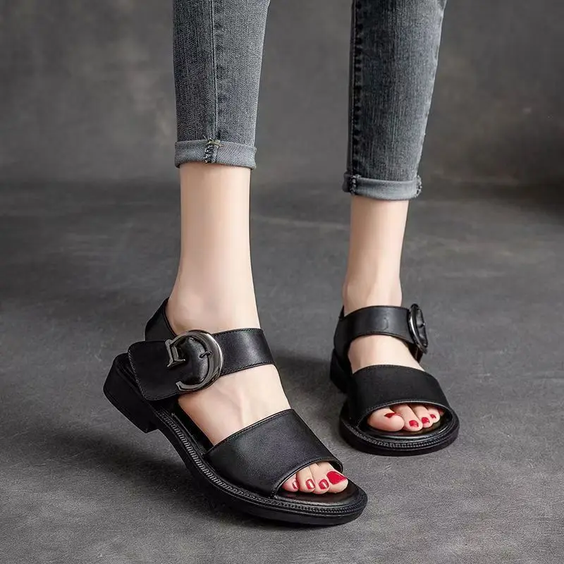 2024 New Women\'s Summer Leather Open Toe Low Heel Sandals Soft Sole Non Slip Hook Casual Sandals Comfortable Elderly Sandals