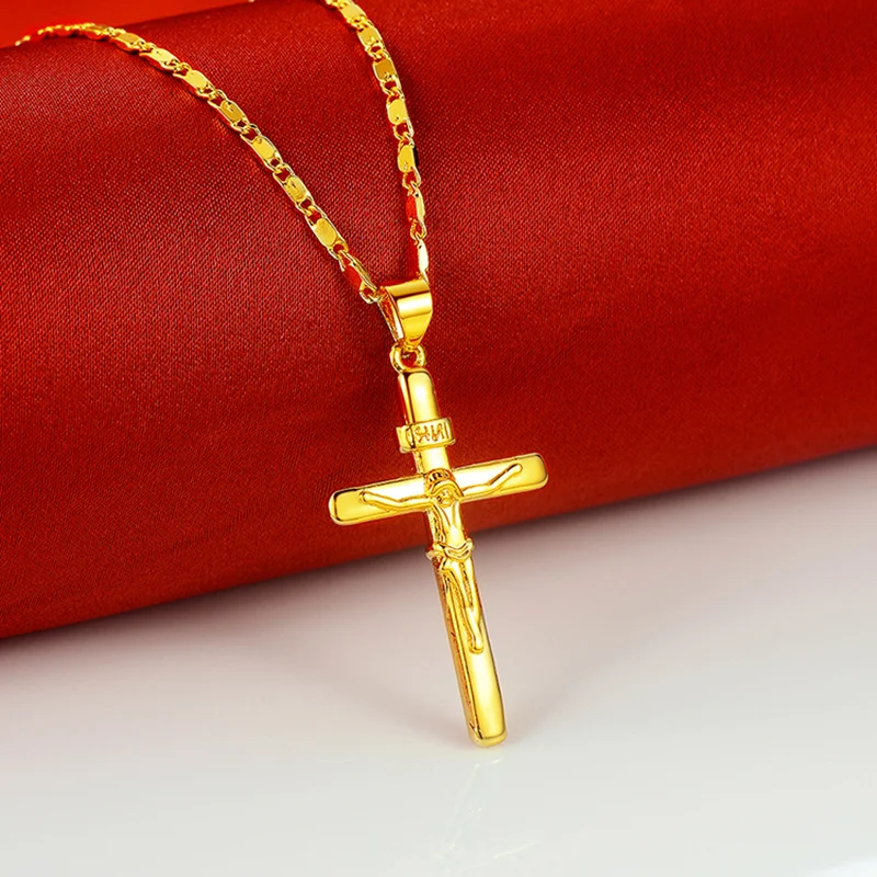 24K Gold Color Necklace Cross Pendant Necklace For Women/Men Couple Necklace Jewelry Gift