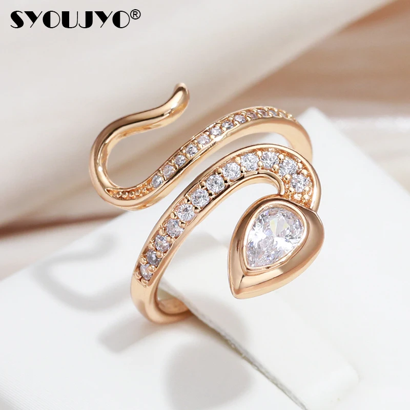 SYOUJYO Natural Zirconia Full Pave Snake Ring for Women 585 Gold Color Party Luxury Jewelry