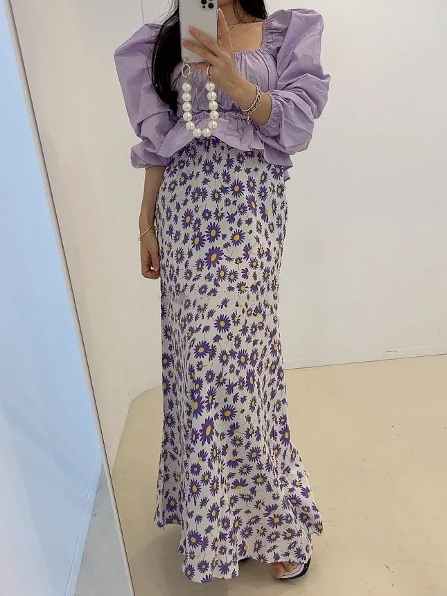 Chic Daisy Floral f jupe femmes taille élastique mince Tube droit longue jupe en mousseline de soie à la mode trajet Sle taille moyenne Design