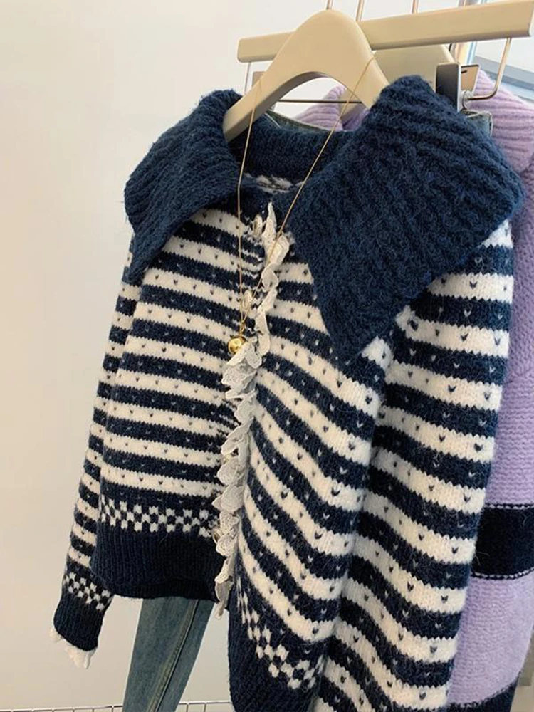 

Women Striped Knitted Cardigan Winter Vintage Lace Patchwork Loose Casual Sweater Korean Peter Pan Collar Lazy Wind Button Tops
