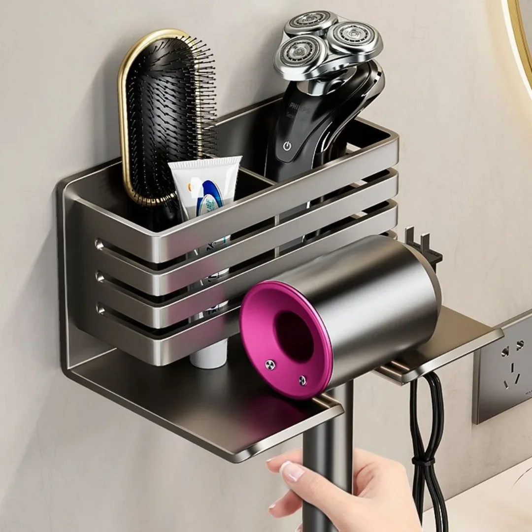 Gray Bathroom Shelf with Hair Dryer Holder Aluminum Bathroom Storage Holder  Hairdryer Organizer Box Toilet Blower Holder Shelf