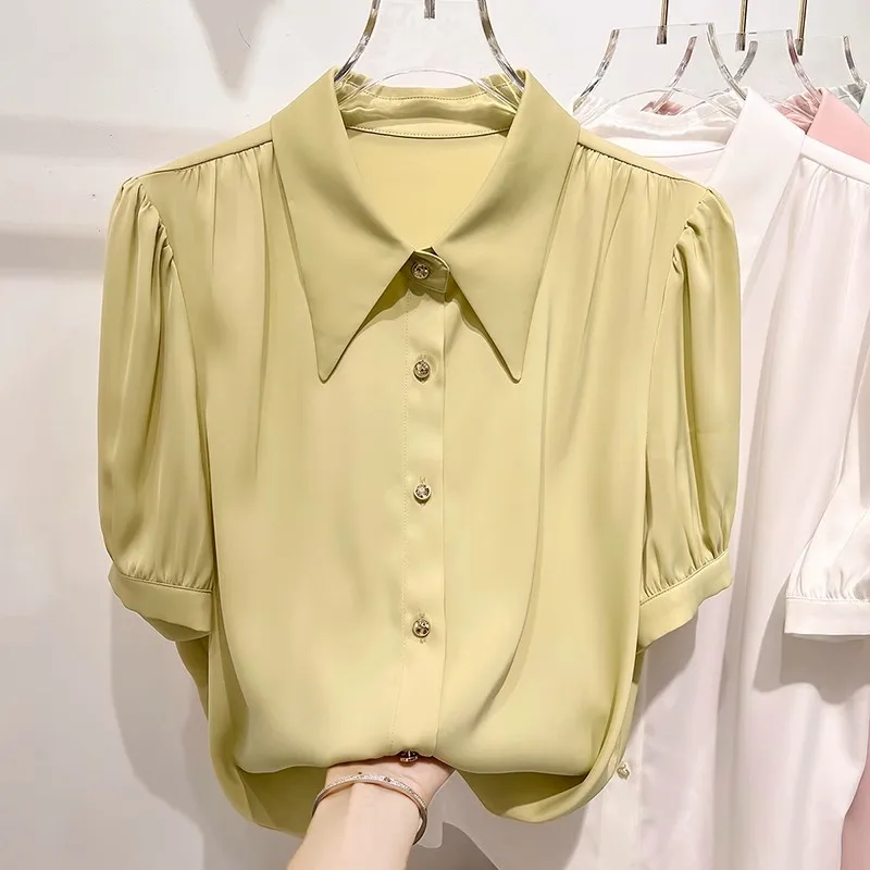 Women Clothing Fashion Casual Solid Short Sleeve Shirt Summer New Korean Version Slim Turn-down Collar Blouses Elegant Thin Tops