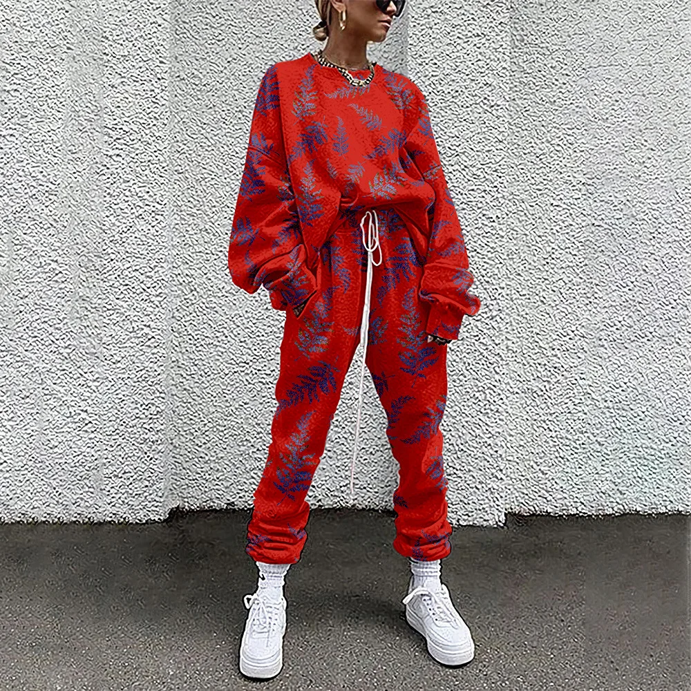 Women Casual Lounge Wear Tracksuit 2 Pieces Set Sweatshirts Green Print Pullover And Home Sweatpants Trousers Outfits