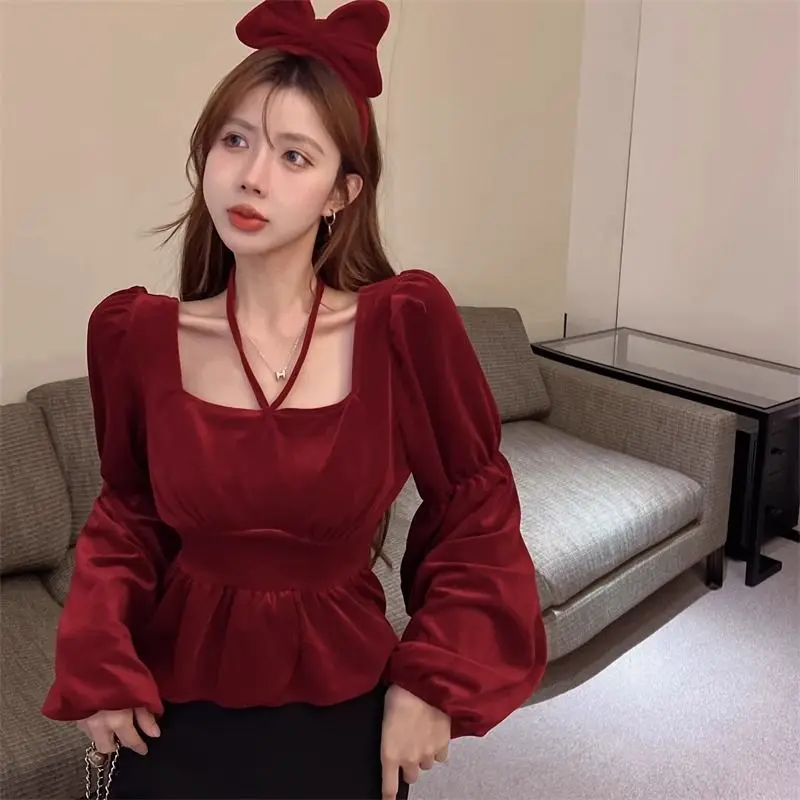 Velvet Blouses Women Crop Tops Vintage Bandage Elegant Slim Lantern Sleeve Streetwear Females All-match Pure Chic Blusas Clothes