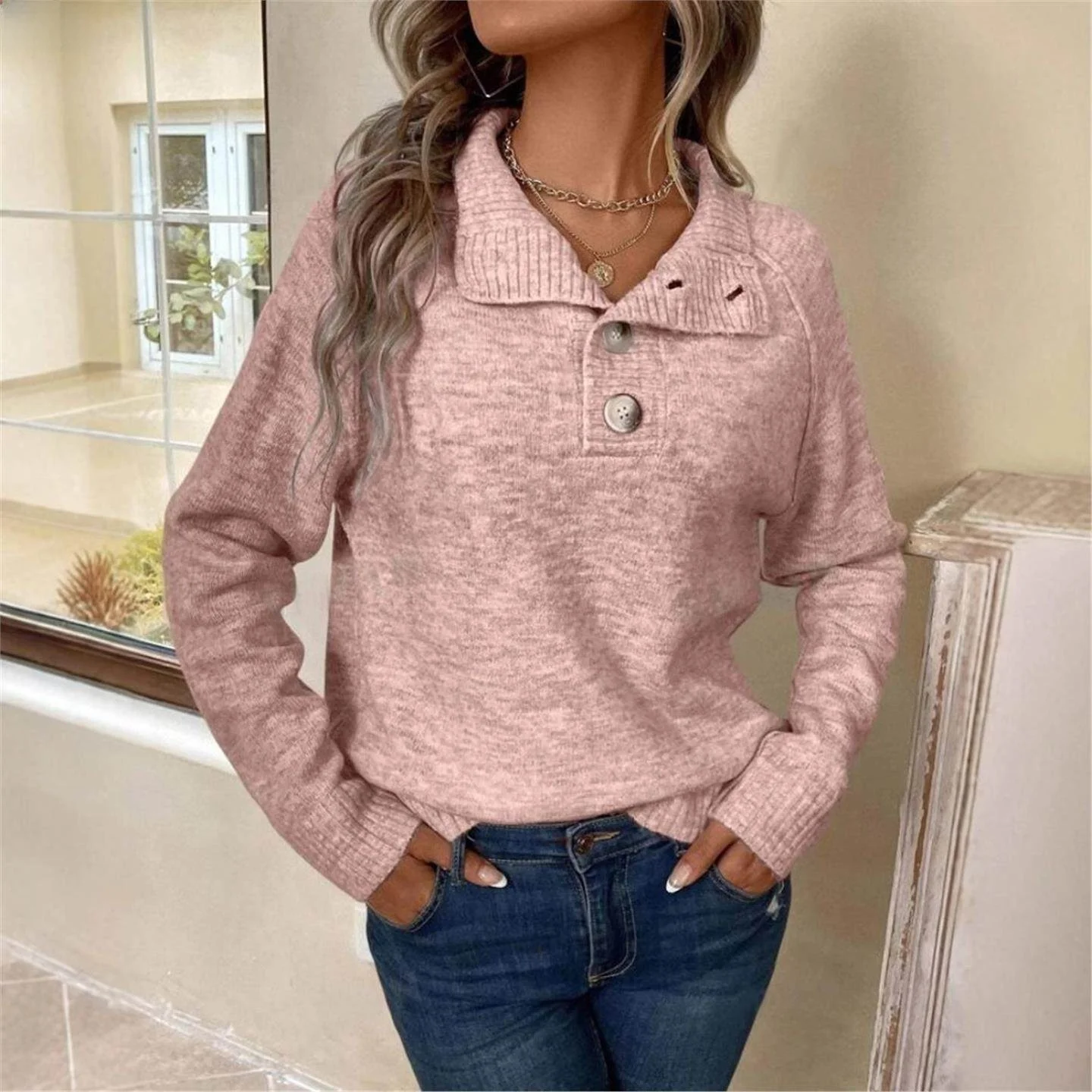 

Casual ey Button Decorated Stand Collar Women's Sweater LinJ New Arrival Loose Fit Ci Walk Sle Button Detail Pullover