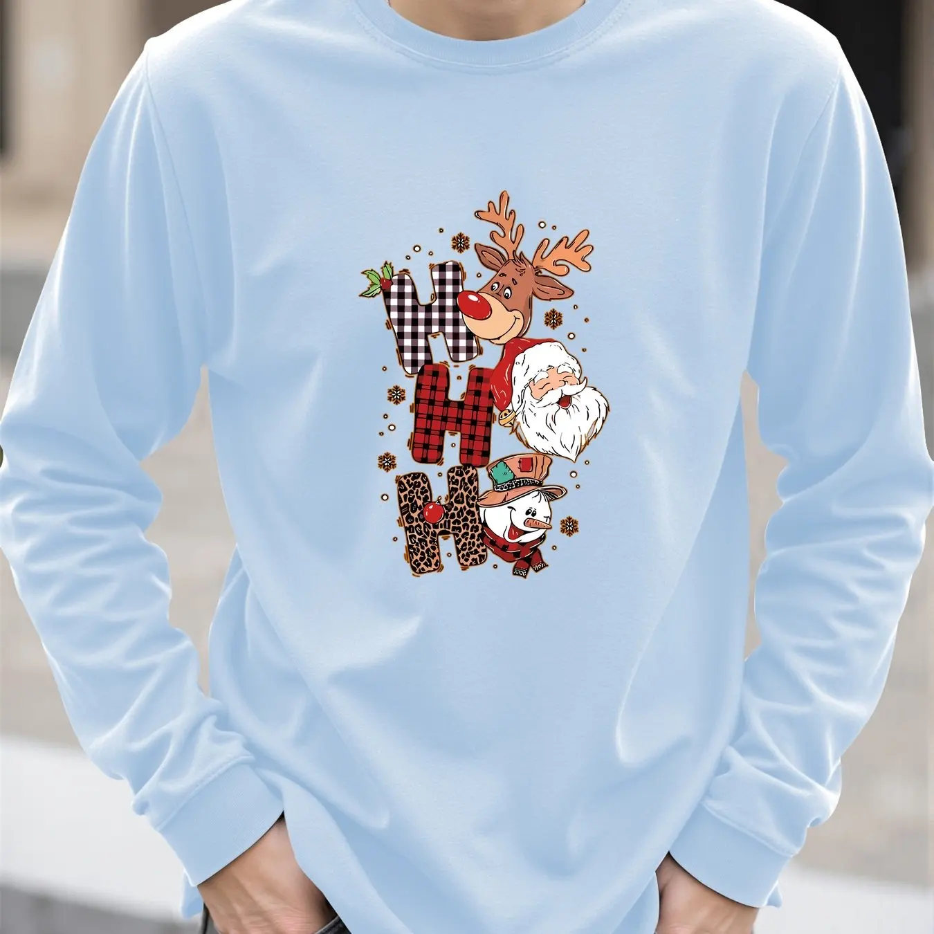 الكرتون إِلْكَة عيد الميلاد طباعة الرجال طويلة الأكمام تي شيرت ربيع الخريف عادية س الرقبة بلوزات فضفاضة موضة المحملة X'mas السنة الجديدة الملابس #3