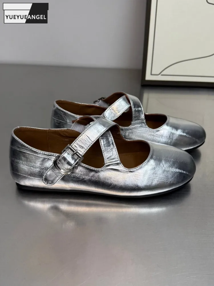 

Women New Vintage Comfortable Flats Cowhide Genuine Leather Buckle Strap Slip On Mary Janes Round Toe Real Leather Low Cut Shoes