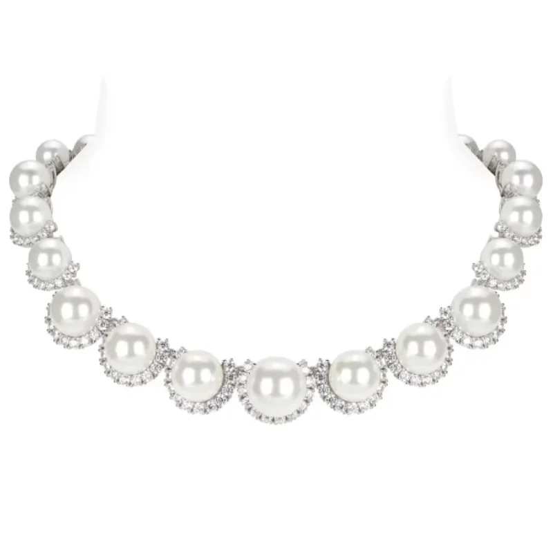 Bellux Fine Jewelry 925 Silver Synthetic Zircon White Large Pearl Bright White Luxury Elegant Jewelry Necklace For Women