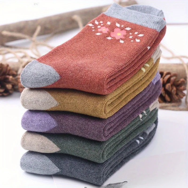 Random 5 Pairs Women'S Autumn Winter Socks Middle-Aged Thickened Winter Warm Towel Socks Terry Socks Vintage Terry Socks