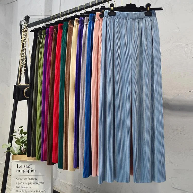 Slimming Ice Silk Pleated Wide Leg Pants Elastic Waist Thin Sle Casual Yoga Trousers Polyester Fiber Commute Sle Loose Fit