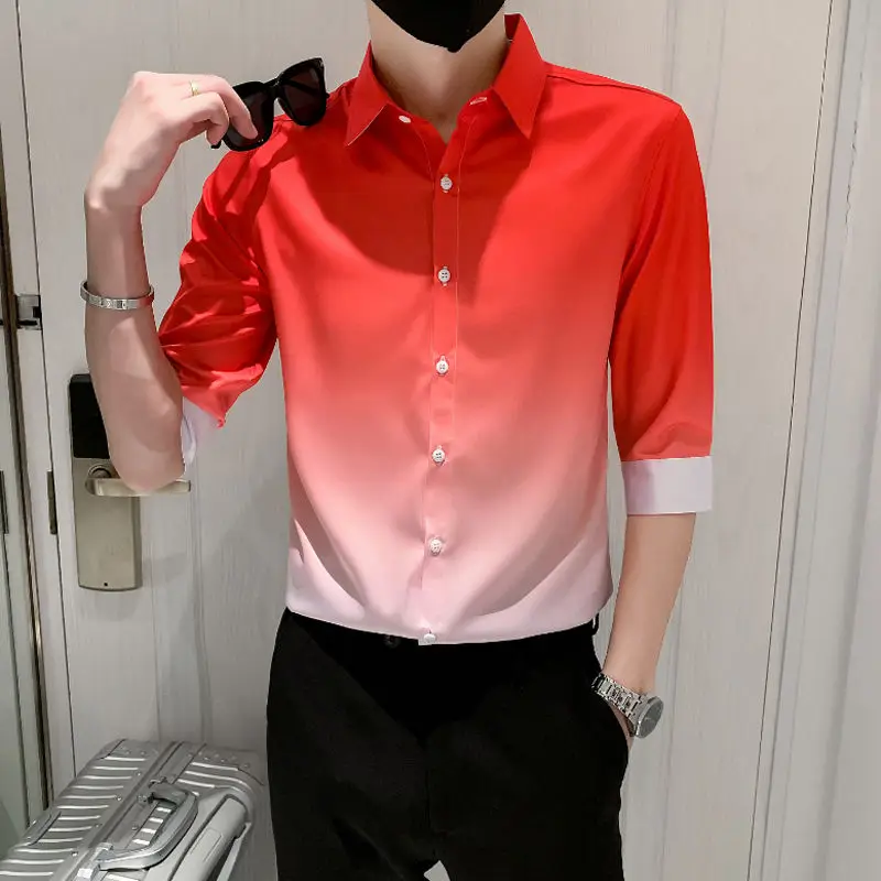 Summer New Turn-down Collar Fashion Half Sleeve Shirt Man High Street Casual Slim Button Cardigan Gradient All-match Y2K Tops