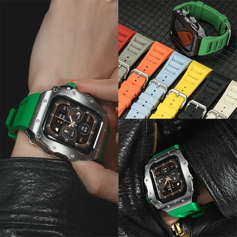 Kit de modificação de luxo para apple watch 10 46mm pulseira de silicone para iwatch série 9 87 6 5 44 45mm caixa de relógio mod de aço inoxidável