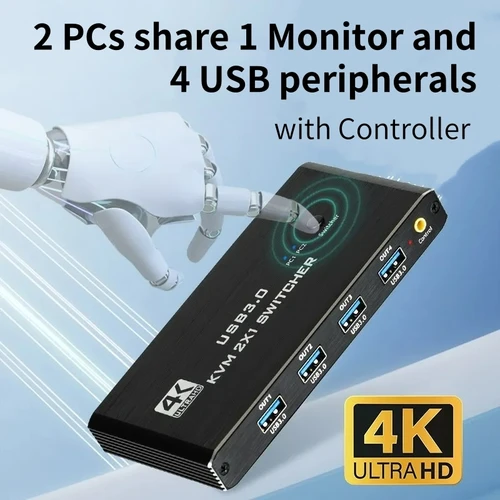 Conmutador USB 3,0 KVM 2x1 con control remoto para 2 ordenadores Compartir 1 monitor y teclado/ratón/impresora compatibles con HDMI (4 periféricos USB)