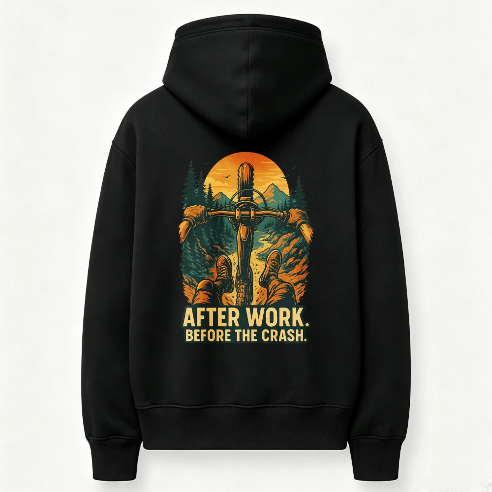 After Work Before The Crash MTB Mountain Bike Graphic Hoodie Vintage Sunset Forest Bicycle Rider Quote Sweatshirt Casual Tops