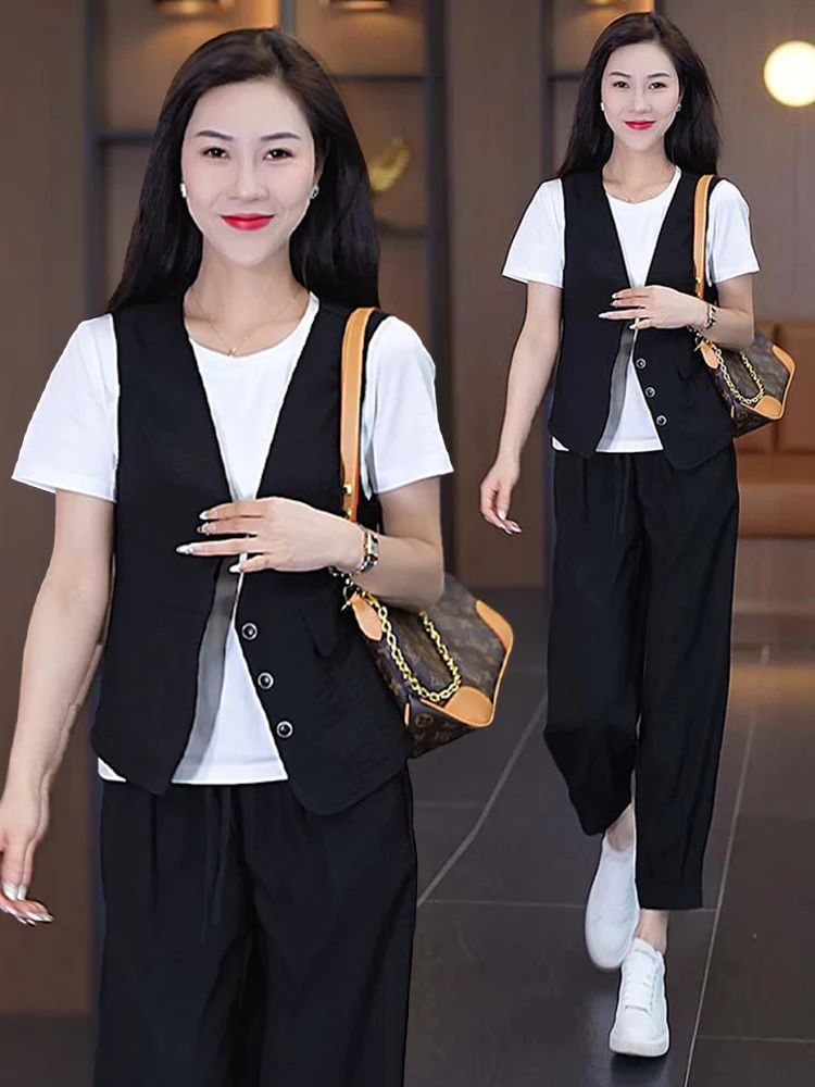Faionable Casual Women's Tee-Piece Set ort Sve Slimming Vest Nine-Piece Pants Summer 2025 New Arrival Ele Small ...