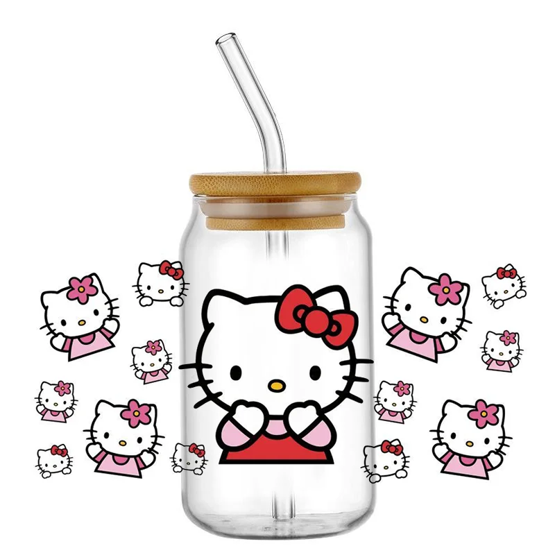 Miniso Kawaii Hello Kitty Cartoon UV DTF Cup Wrap For 16oz Libbey Coffee Glass Can Cup Wrap Easy peel waterproof DIY Wholesale