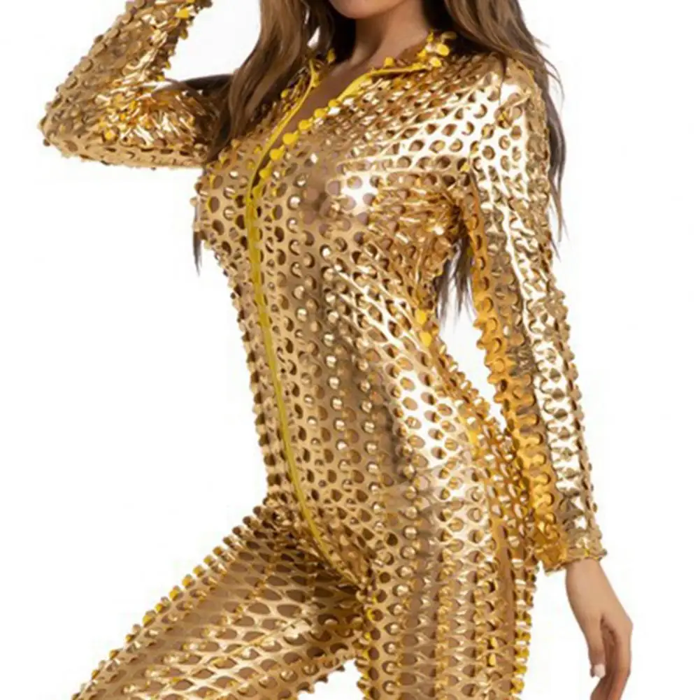 Obcisły seksowny kombinezon damski Skórzany kombinezon z dziurami Skinny Slim Elastyczny zamek błyskawiczny Długi rękaw Cosplay DJ Pole Jazz Dance Jumpsuit