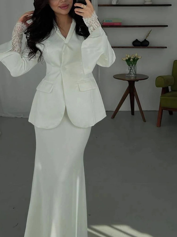 

Fashion Solid Color Long Sleeve Blazer&Skirts Suits Elegant Lady Bodycon Skirts Two Piece Casual Satin Lace Spliced Skirts Sets