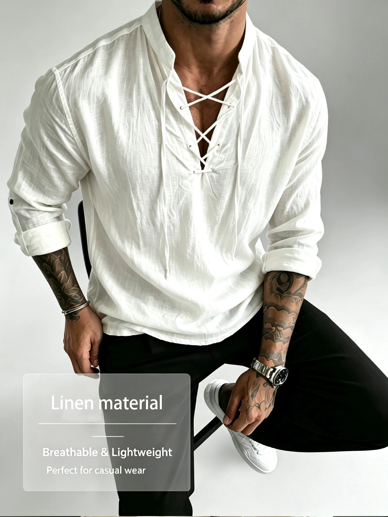 Relaxed Casual Men's Textured Linen Lace-Up Long Sleeve Shirt | Stand Collar Cross Placket, Loose Oversized Silhouette | Lightwe