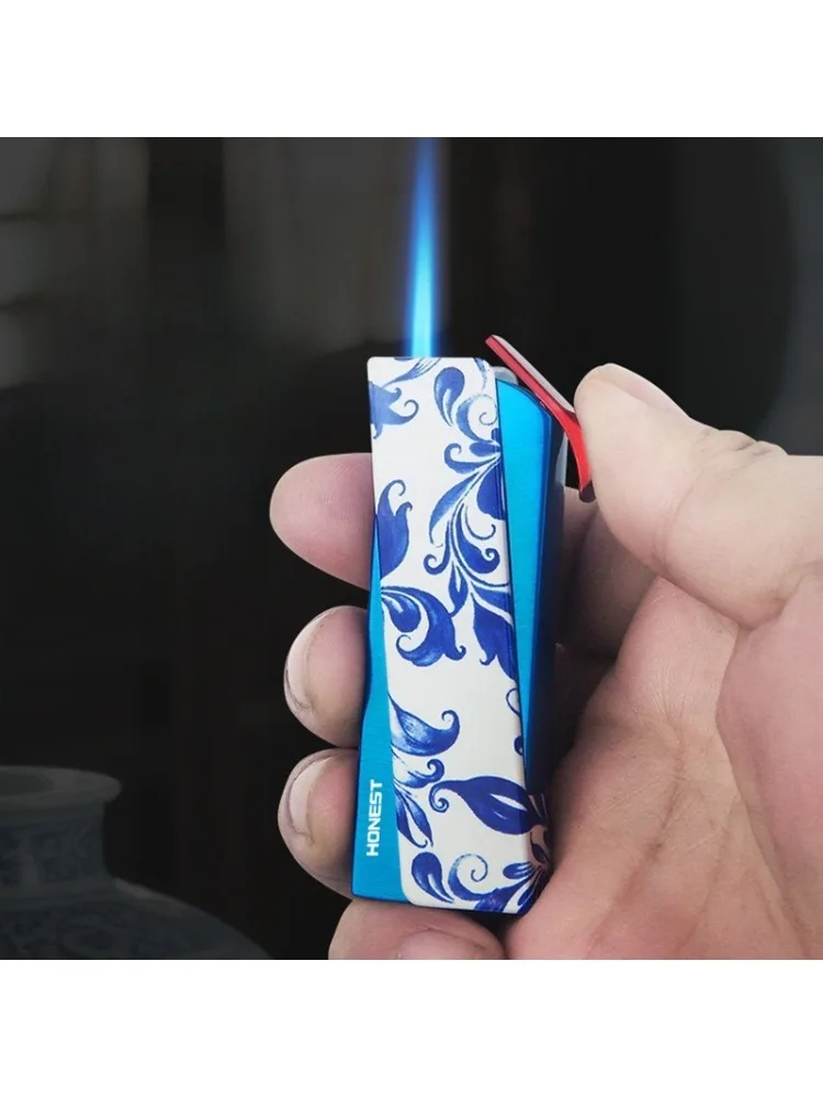 AliExpress NONE Honest Windproof Straight Forward Blue Flame Lighter Chinese Style Blue and White Porcelain Pattern Cycle Gas Men's Smoking Tool