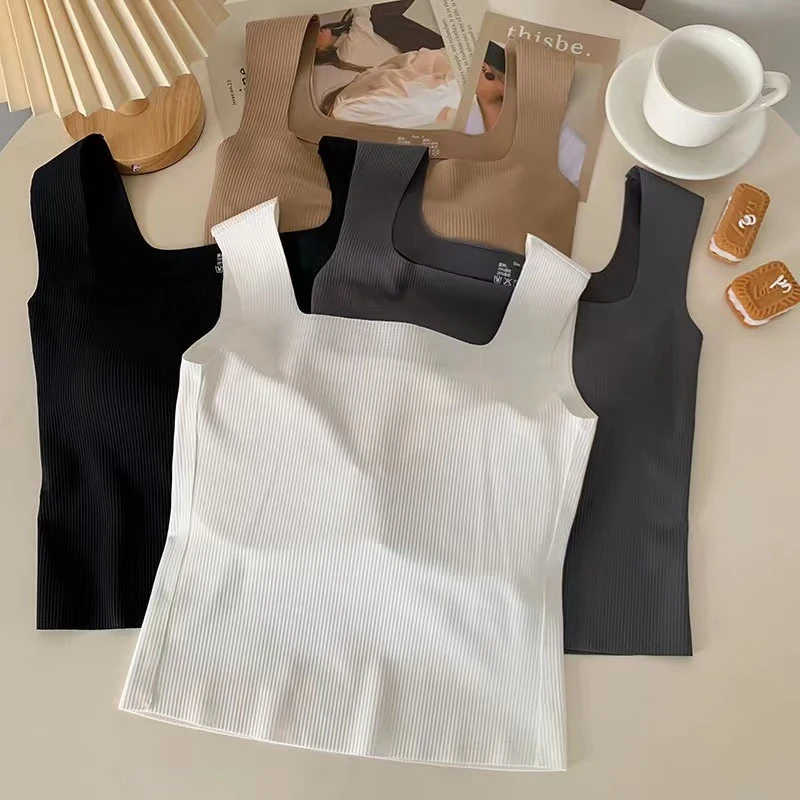 New Wide Shoulder Camisole Square Neck Beautiful Back Threaded Vest Women's Seamless One-piece Fixed Cup Casual Solid Tops image 2