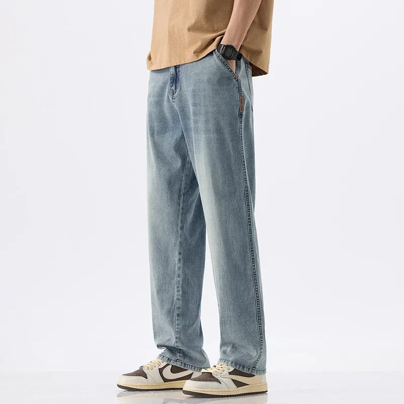 Lyocell لينة فضفاضة الجينز الرجال الصيف رقيقة شخصية واسعة مستقيم السراويل موضة خمر سراويل جينز الذكور الشارع الشهير