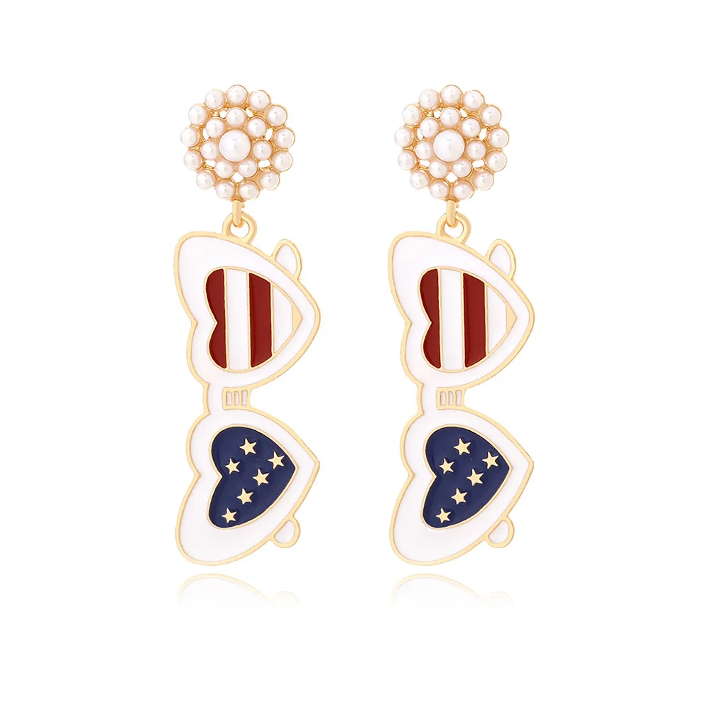 Cute Alloy Pearl Drip Glasses Flag Pendant Earrings Creative Independence Day Colored Earrings