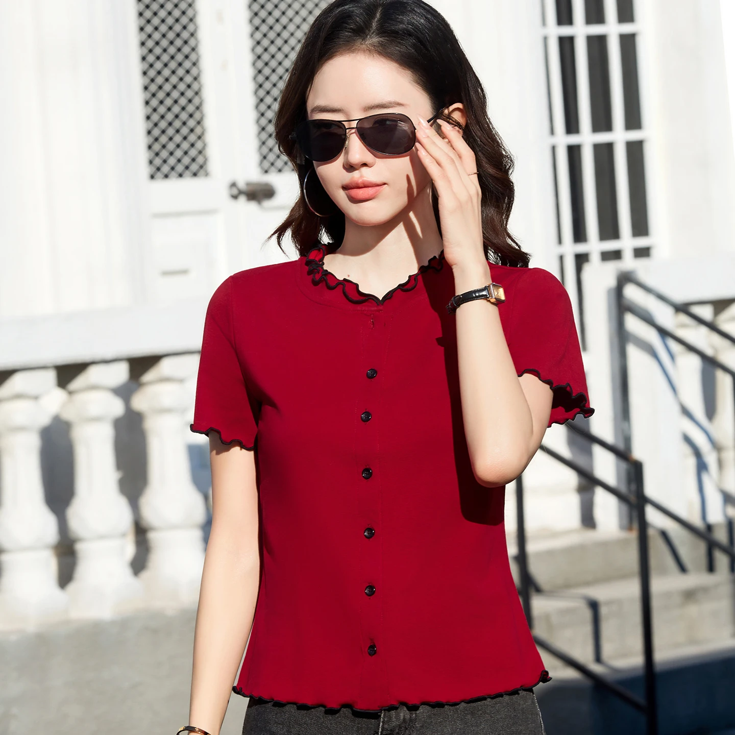 Women Fashion Ruffle Edge Button Front T-Shirt Short Sleeve Round Neck Slim Fit Solid Color Casual Summer Blouse Female Tops