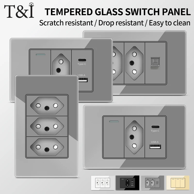 T&I 118 enchufes de interruptor de pared Panel de vidrio templado tipo C paquete de enchufe de pared USB para Brasil, interruptor de pared de 3 entradas