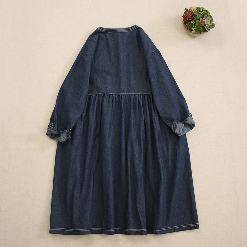 Japanese Mori Girl Vintage Denim Blue Cotton Dress Women Spring Autumn V-Neck Long Sleeve Casual Loose Jeans Dresses