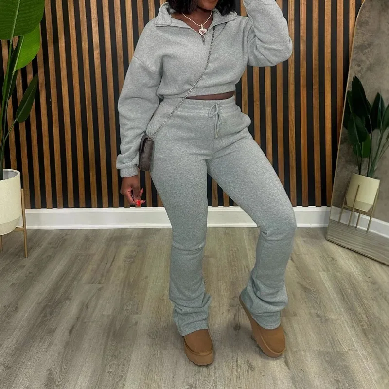 Damski 2-częściowy zestaw dresowy z polaru Moda Kołnierzyk z długim rękawem Bluzy z długim rękawem Crop Top + Spodnie dresowe — zdjęcie 4