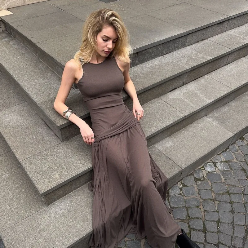 Sommer Neue Mode Patchwork Band Rüschen Schlank Street Style Mid-länge Einfarbig Kleid