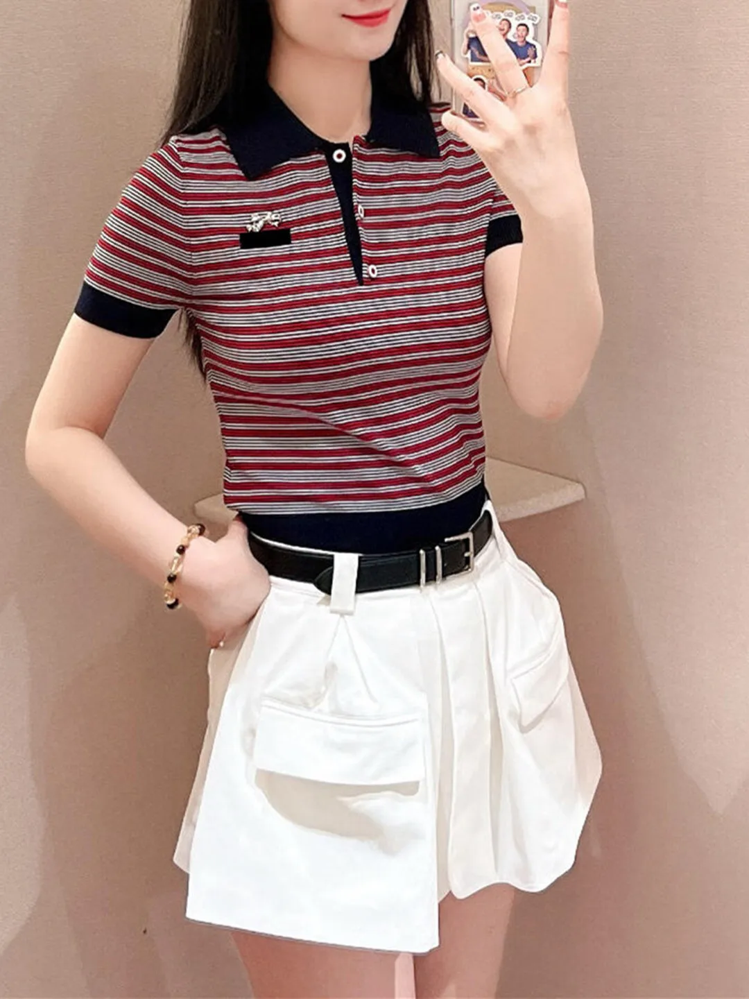 

High-End Version Summer Vintage Collar Striped ort Sve Knitted Dr Series Faion Women's Upper Body Dres