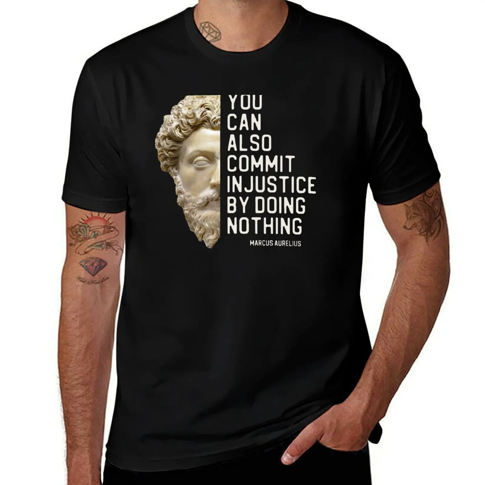 You can also commit injustice by doing nothing in white - Marcus Aurelius quote T-Shirt Novelty Graphic Tee Shirt T-Shirt