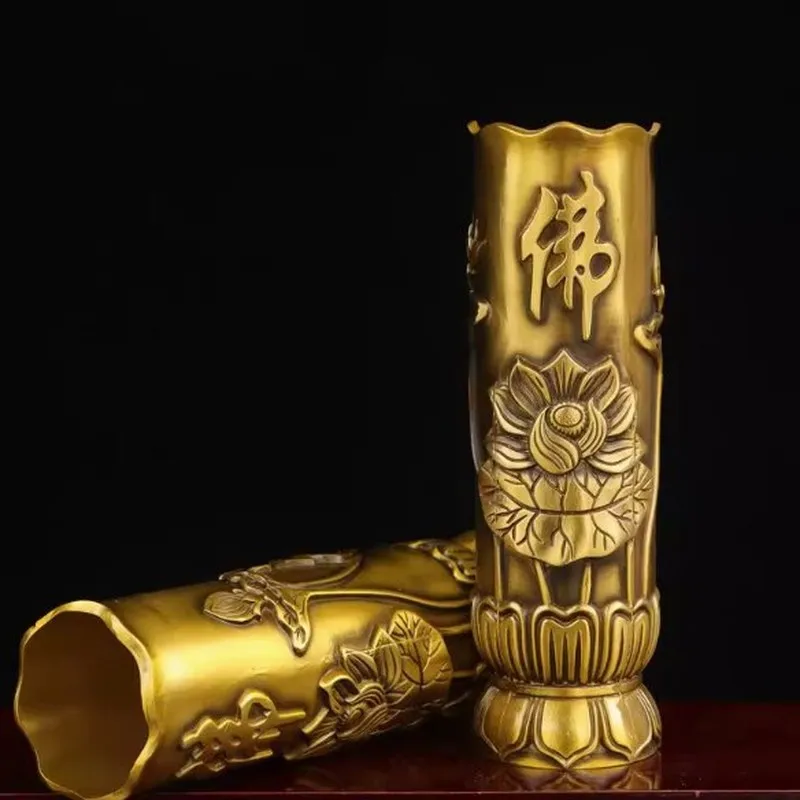 Brass with Buddhist characters, lotus, and nine dragons design, home decoration incense holder, bamboo-shaped inc
