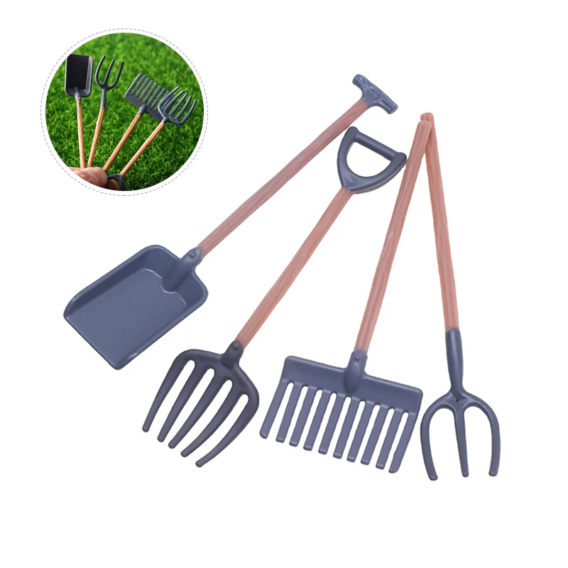 4Pcs 1:12 Dollhouse Miniature Gardening Tools Shovel Rake Hoes Model DIY DollHouse Farm Scene Decor Accessories Pretend Play Toy