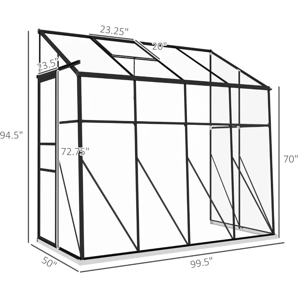 Lean-to PolyCarbonate Greenhouse, Walk-in Greenhouse w/Sliding Door, 5-Level Roof Vent, Rain Gutter, Aluminum Frame & Foundation