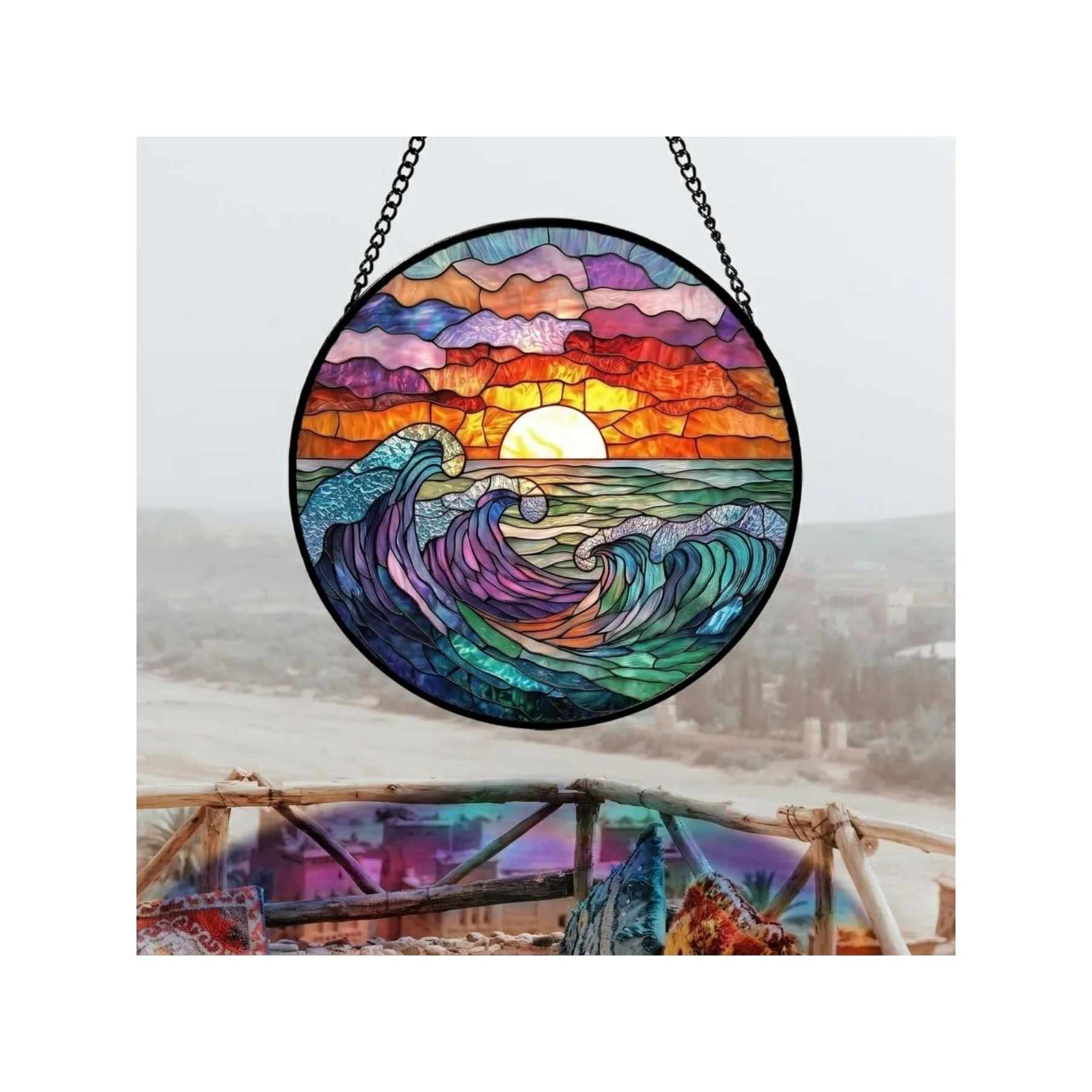 Stained Glass Window Hanging, Scenic Sun Catcher Wall Decor, Birthday & Mother's Day Gifts for Women & Men