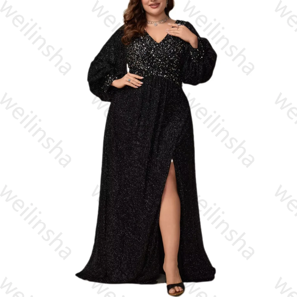 Abiti da Sera Personalizzati con Scollo a V e Maniche Lunghe a Lanterna con Paillettes, Eleganti Abiti da Celebrità, Raffinati Vestiti da Cerimonia di Alta Qualità