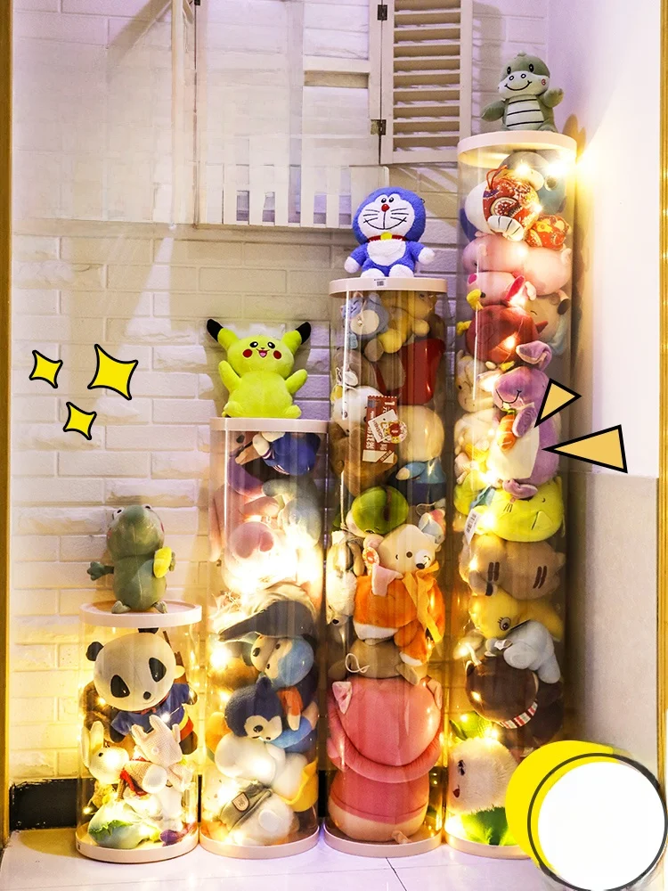 Transparent Plush Toy Storage Box Bucket Cylinder PVC Tube Doll Organizer round Column Figure Storage Solution Bedroom Organizer