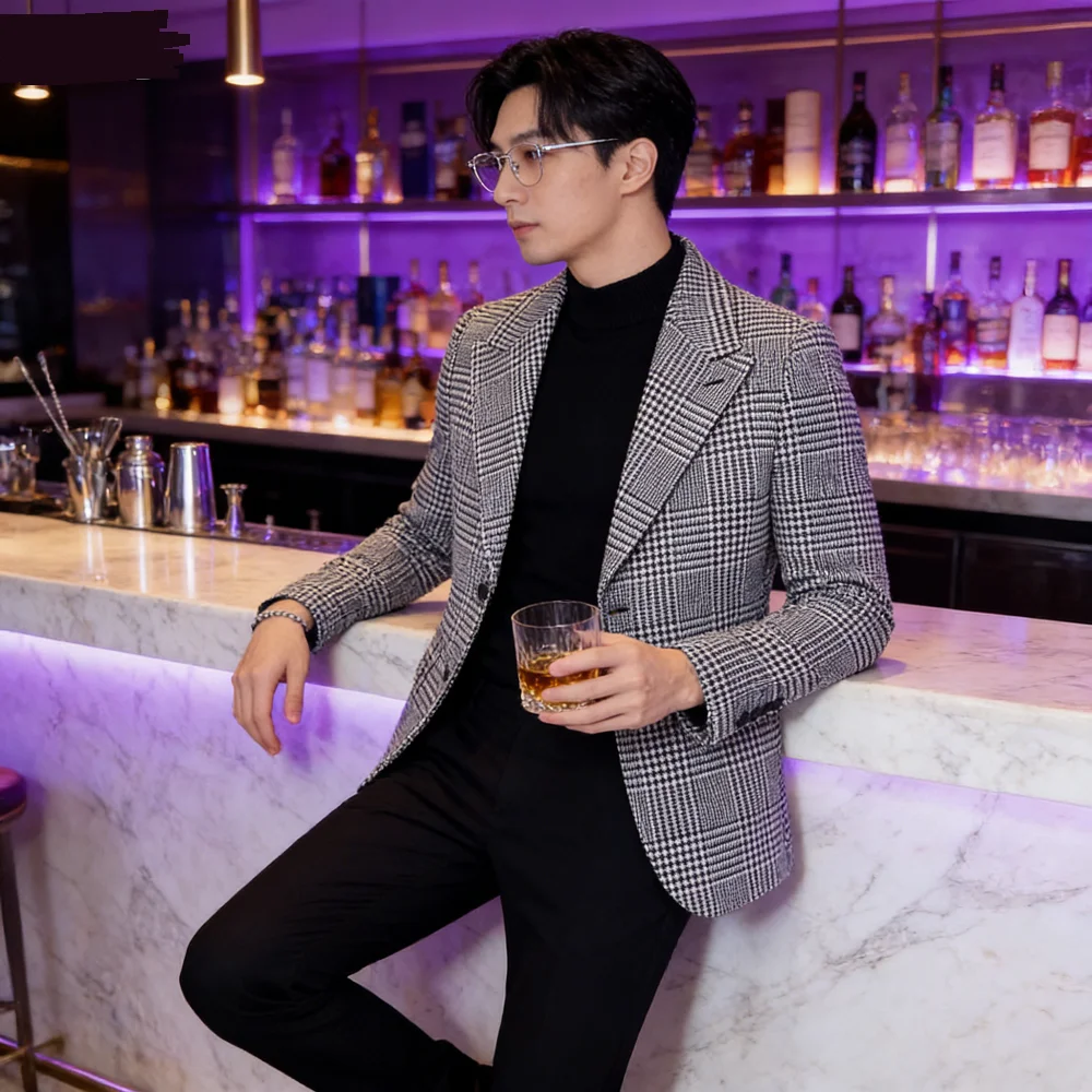 

Slim Fit Houndstooth Blazer for Men Business Style Checkered Jacket Peak Lapel Single-Breasted Casual Suit Outerwear