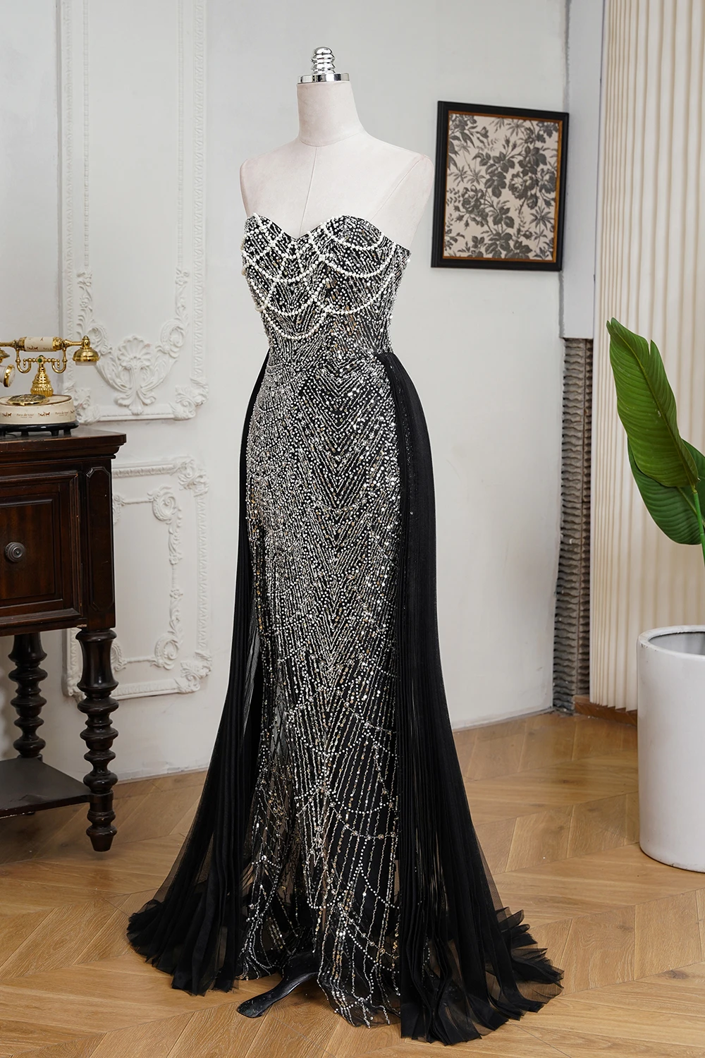 BABYONLINE فساتين سهرة مطرزة بالخرز فساتين عربية سوداء فاخرة باللؤلؤ والترتر فستان رسمي بفتحة طويلة لحفلات الزفاف CPS3200