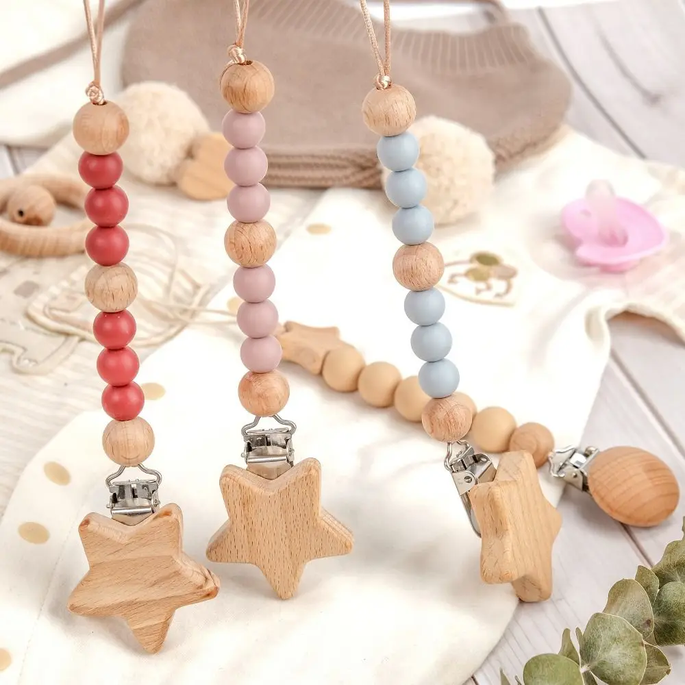 Wood Pacifier Holder Clips Star Dummy Clips Baby Pacifier Chain Nipple Holder Clips Soother Holder Baby Teether Toys Straps